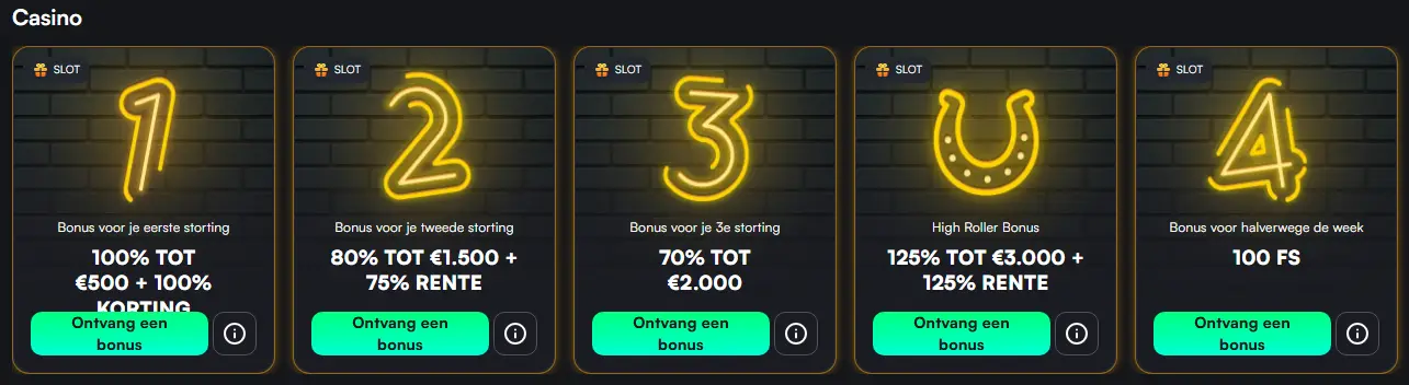 Sectie met promoties en beloningen voor casino spelers