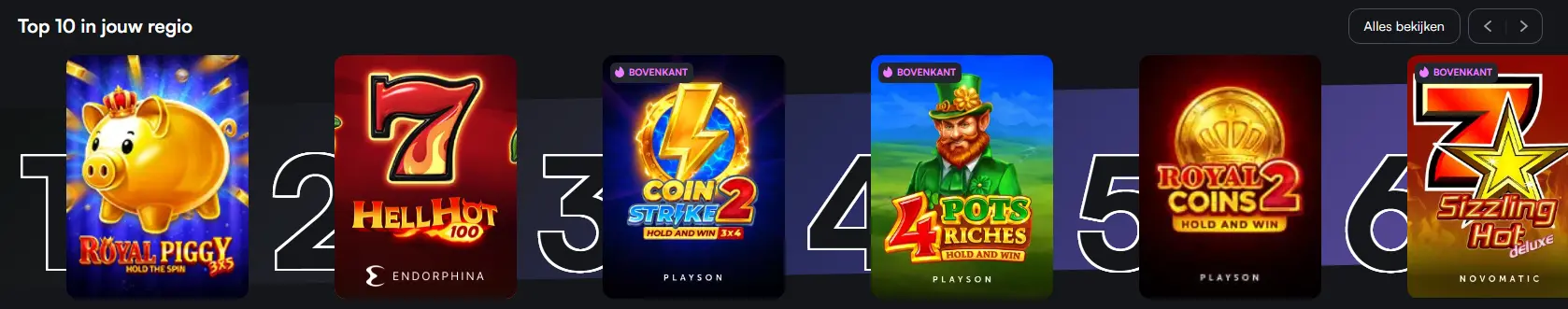 Bibliotheek met tafelspellen, slots en live casino