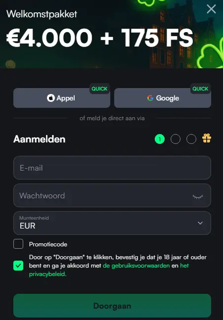 Snel formulier om een spelersaccount aan te maken